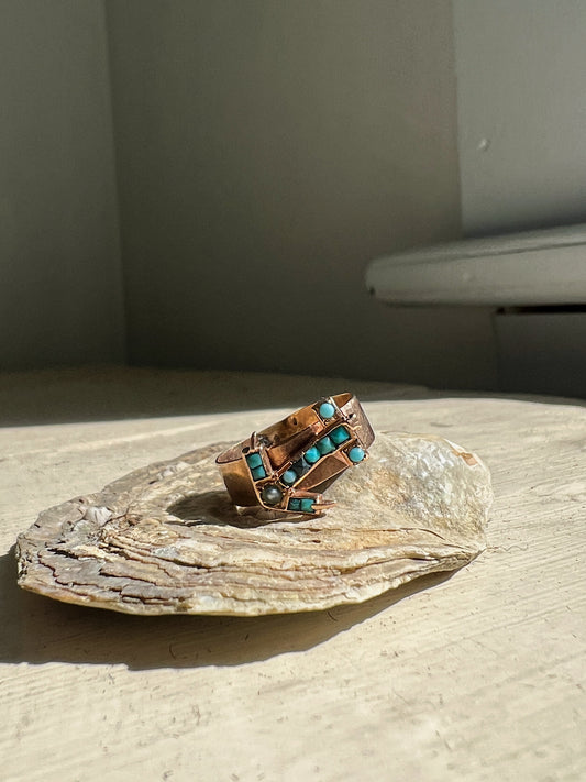 1800s Persian 18k Turquoise & Seed Pearl Ring With Anchor