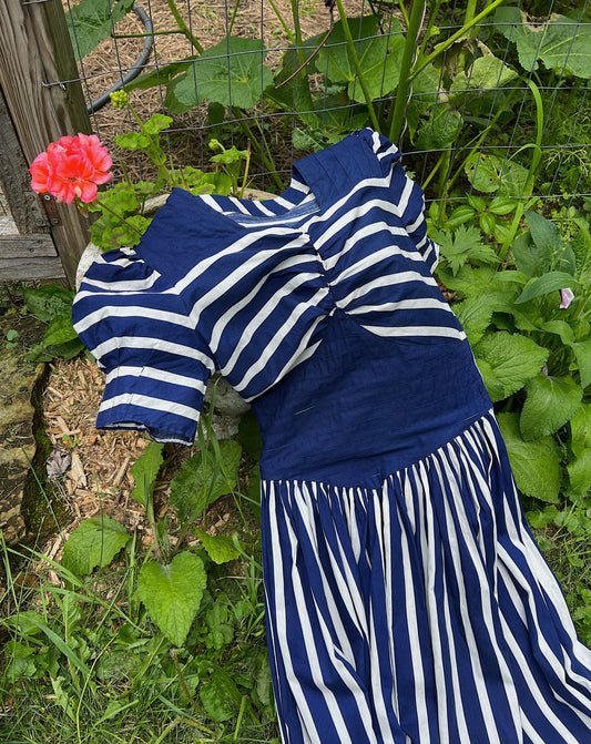 30s/40s Cotton Striped Navy & White Dress With Puff Sleeves & Pintucks