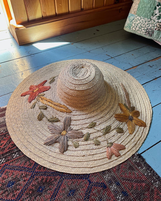 Huge 1940s Straw Floppy Sun Hat With Floral Embroidery