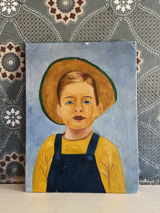 1937 Folk Art Farm Boy, Oil On Board 9” x 12”