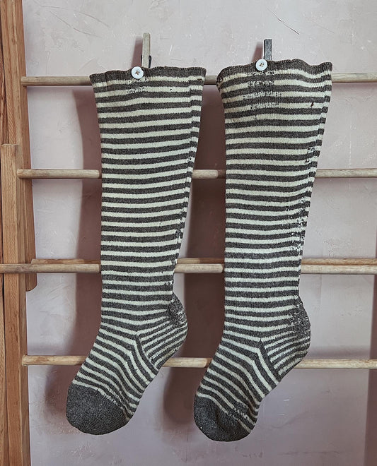 Antique Striped Natural Wool Stockings With Original Mends